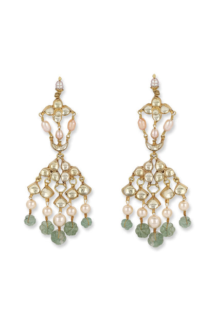 Gold Finish Kundan Polki & Onyx Stone Dangler Earrings