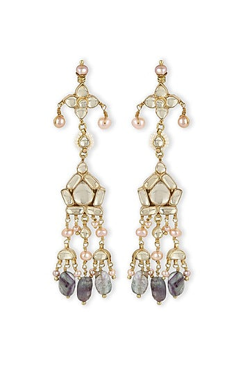 Gold Finish Kundan Polki & Onyx Stone Dangler Earrings