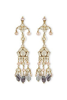 Gold Finish Kundan Polki & Onyx Stone Dangler Earrings