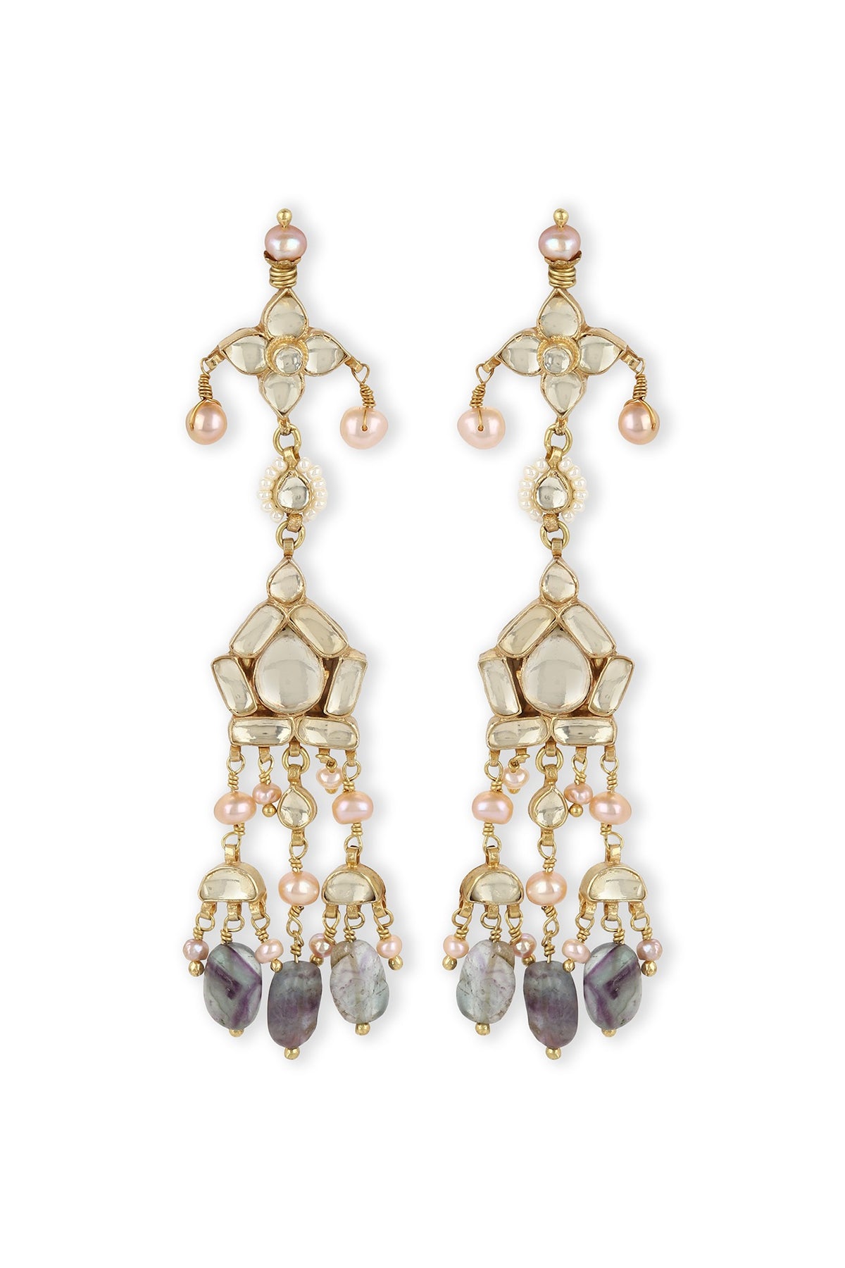 Gold Finish Kundan Polki & Onyx Stone Dangler Earrings