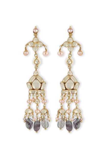 Gold Finish Kundan Polki & Onyx Stone Dangler Earrings