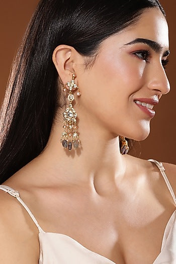 Gold Finish Kundan Polki & Onyx Stone Dangler Earrings