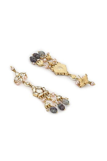 Gold Finish Kundan Polki & Onyx Stone Dangler Earrings