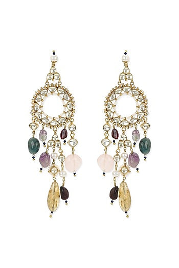 Gold Finish Kundan Polki & Onyx Stone Dangler Earrings