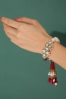 Gold Finish Kundan Polki & Pearl Meenakari Bracelet