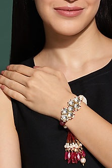 Gold Finish Kundan Polki & Pearl Meenakari Bracelet