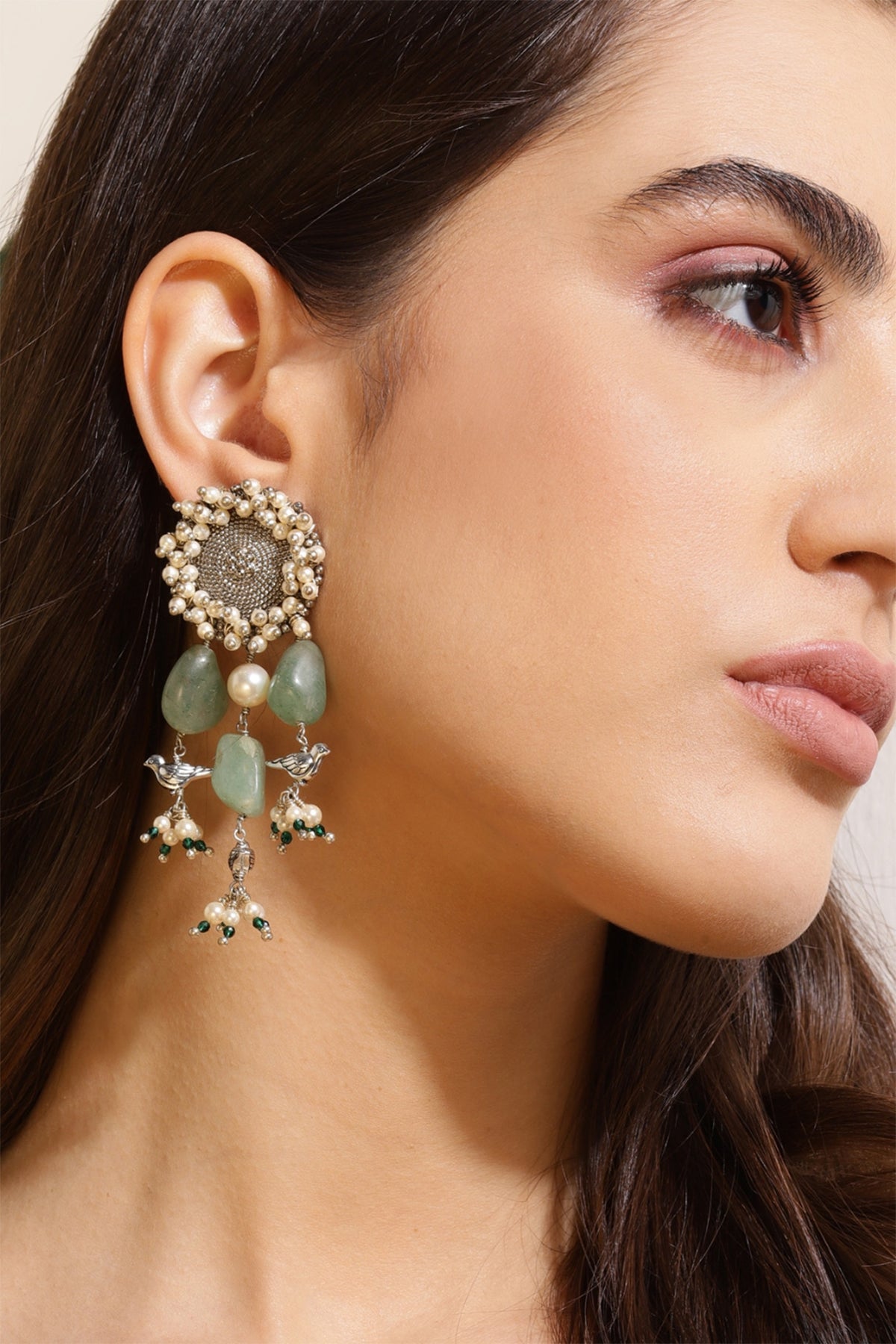 White Finish Kundan Polki & Onyx Stone Dangler Earrings
