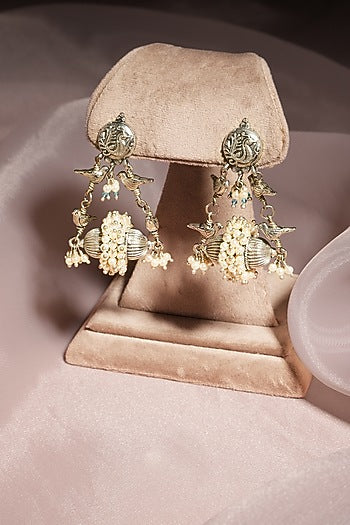 White Finish Kundan Polki & Onyx Stone Dangler Earrings