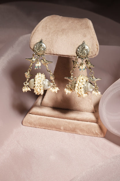 White Finish Kundan Polki & Onyx Stone Dangler Earrings