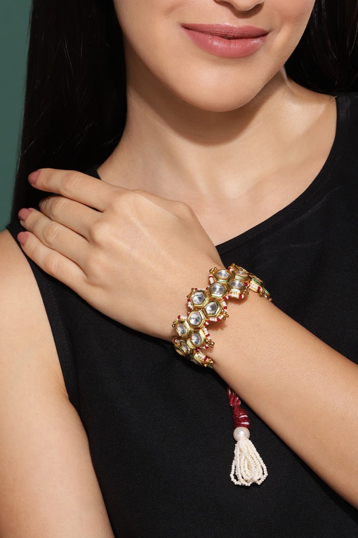 Gold Finish Kundan Polki Meenakari Bracelet