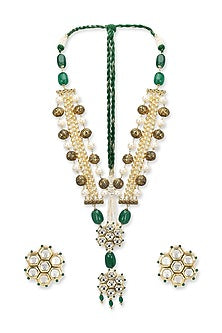 Gold Finish Kundan Polki & Onyx Stone Meenakari Long Necklace Set