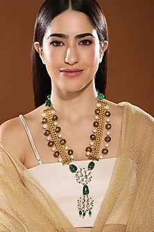 Gold Finish Kundan Polki & Onyx Stone Meenakari Long Necklace Set