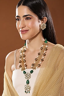 Gold Finish Kundan Polki & Onyx Stone Meenakari Long Necklace Set