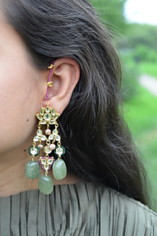 Gold Finish Kundan Polki & Onyx Stone Dangler Earrings
