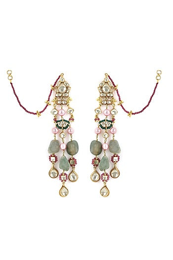 Gold Finish Kundan Polki & Onyx Stone Dangler Earrings