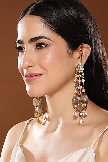 Gold Finish Kundan Polki & Onyx Stone Dangler Earrings