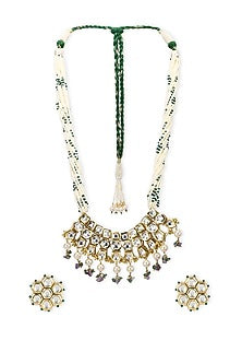 Gold Finish Kundan Polki & Onyx Stone Meenakari Long Necklace Set