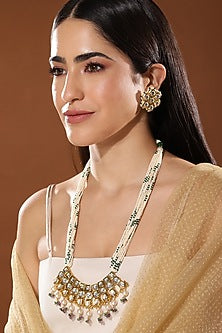 Gold Finish Kundan Polki & Onyx Stone Meenakari Long Necklace Set