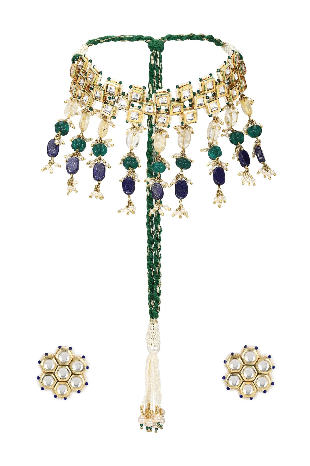 Gold Finish Kundan Polki & Onyx Stone Meenakari Choker Necklace Set