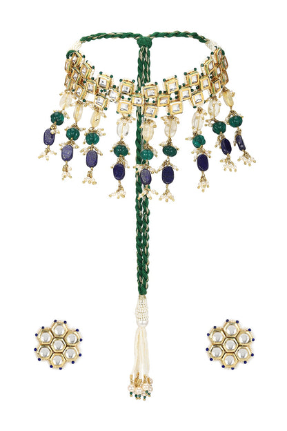 Gold Finish Kundan Polki & Onyx Stone Meenakari Choker Necklace Set