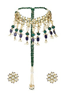 Gold Finish Kundan Polki & Onyx Stone Meenakari Choker Necklace Set
