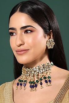 Gold Finish Kundan Polki & Onyx Stone Meenakari Choker Necklace Set