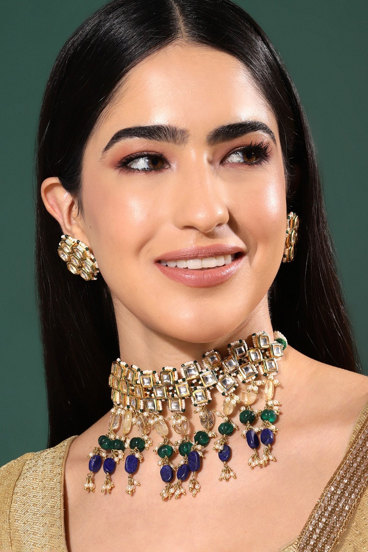 Gold Finish Kundan Polki & Onyx Stone Meenakari Choker Necklace Set