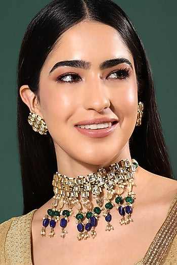 Gold Finish Kundan Polki & Onyx Stone Meenakari Choker Necklace Set