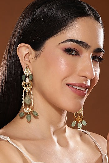 Gold Finish Kundan Polki & Onyx Stone Dangler Earrings
