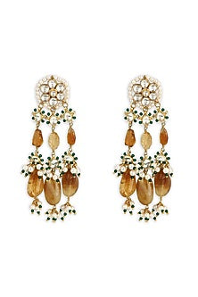 Gold Finish Earrings With Amber Cabochon Stones