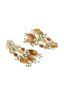 Gold Finish Earrings With Amber Cabochon Stones