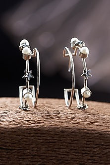 Silver Finish Swarovski Crystal & Pearl Handcrafted Hoop Earrings