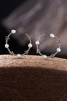 Silver Finish Swarovski Crystal & Pearl Handcrafted Hoop Earrings