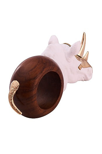 White & Gold Wood Elephant Rhino Ring