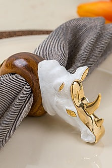 White & Gold Wood Elephant Rhino Ring