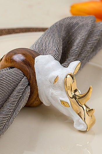 White & Gold Wood Elephant Rhino Ring