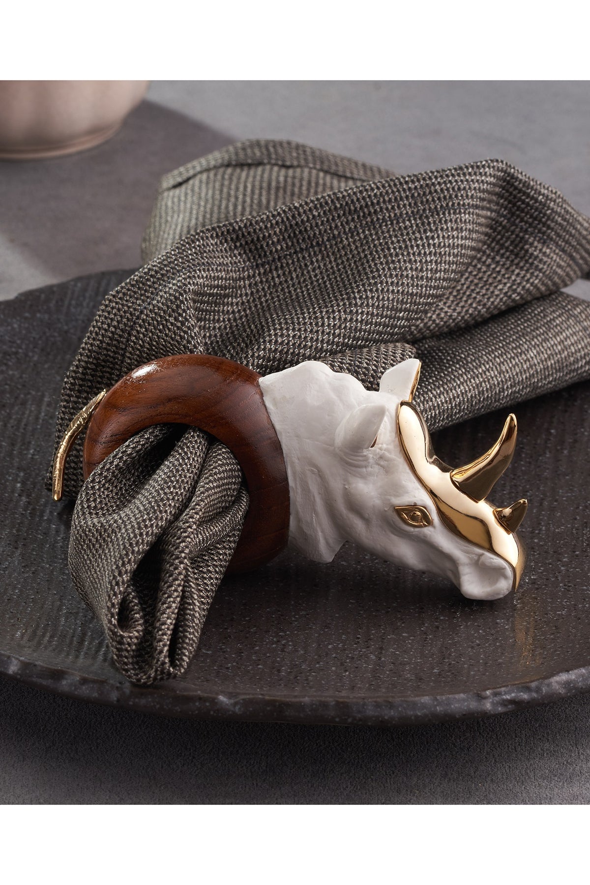 White & Gold Wood Elephant Rhino Ring