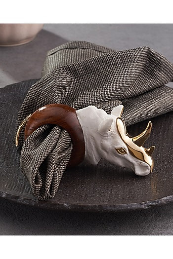 White & Gold Wood Elephant Rhino Ring