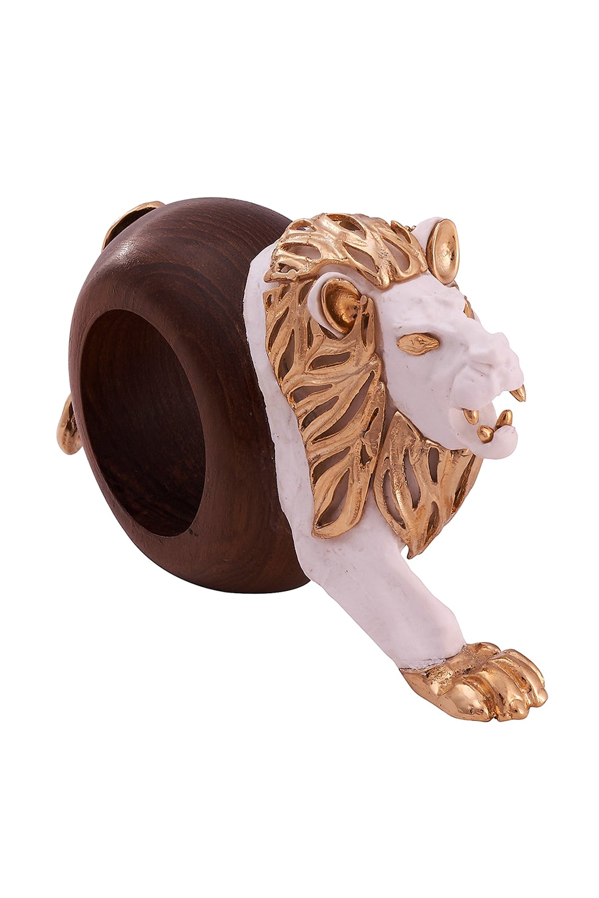 White & Gold Wood Elephant Lion Ring