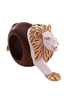 White & Gold Wood Elephant Lion Ring