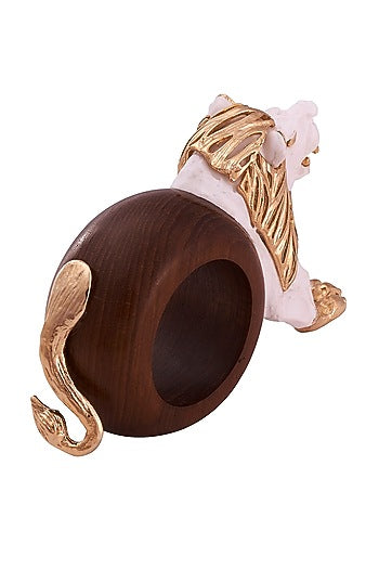 White & Gold Wood Elephant Lion Ring