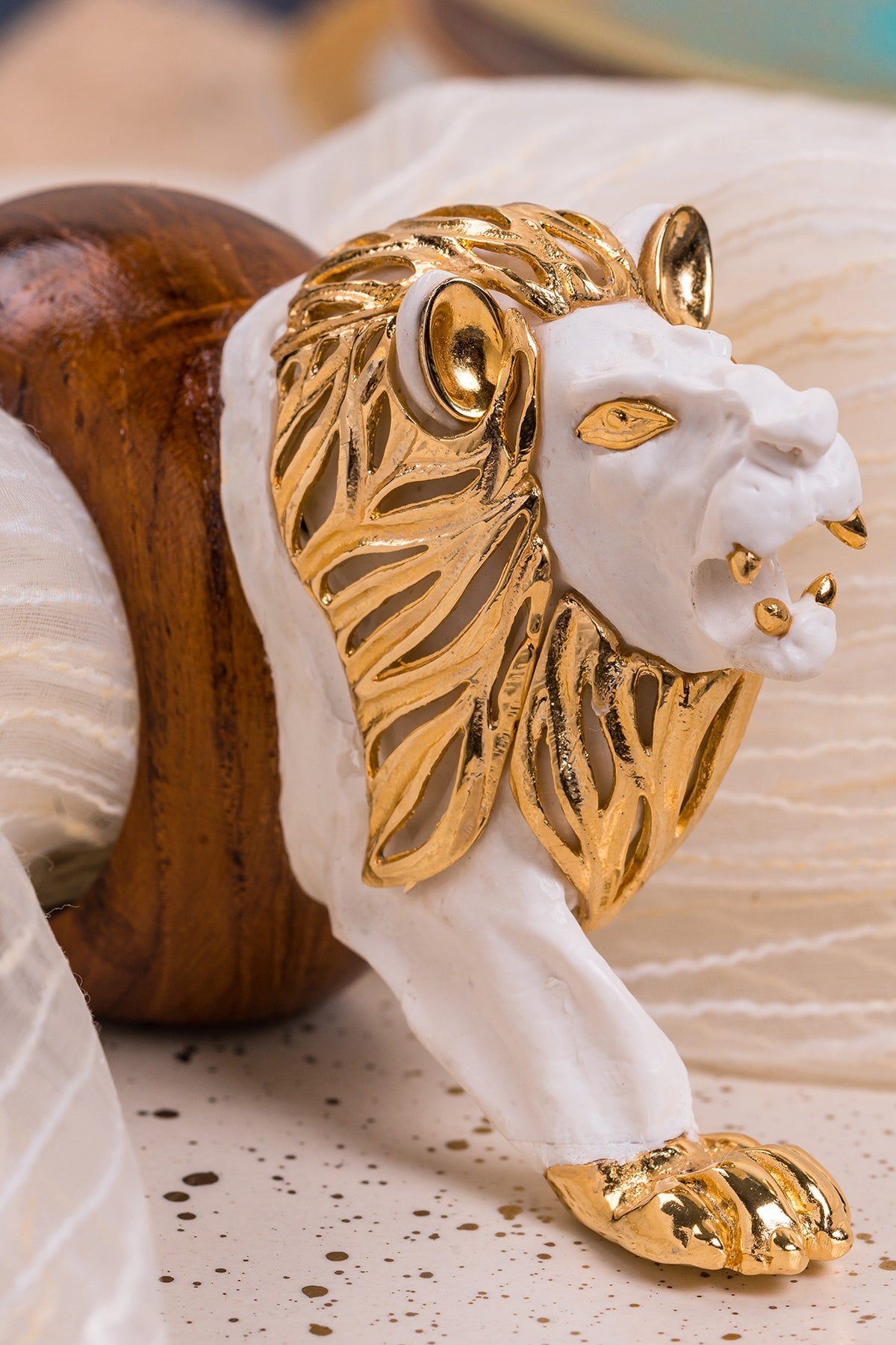White & Gold Wood Elephant Lion Ring