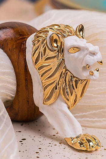 White & Gold Wood Elephant Lion Ring