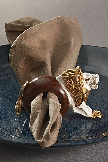 White & Gold Wood Elephant Lion Ring