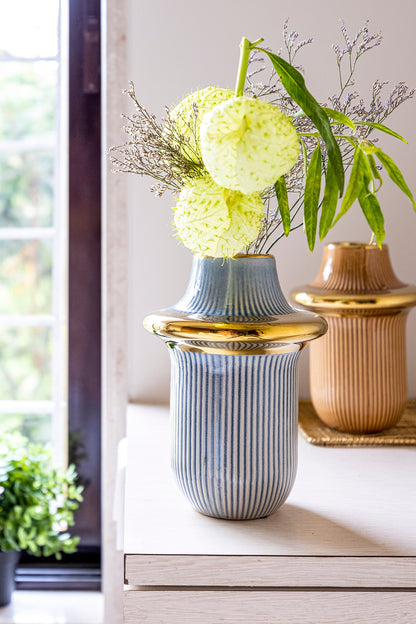 Blue Ceramic Rib-Ring Vase