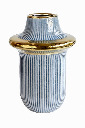 Blue Ceramic Rib-Ring Vase