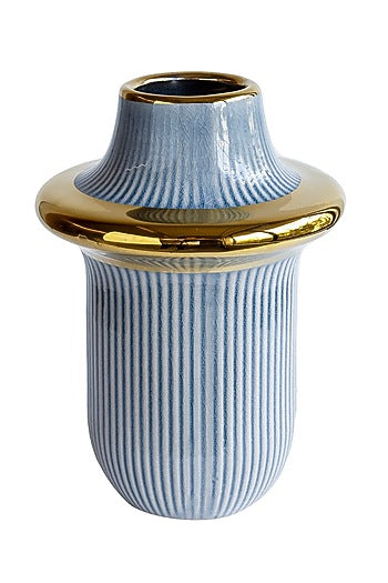 Blue Ceramic Rib-Ring Vase