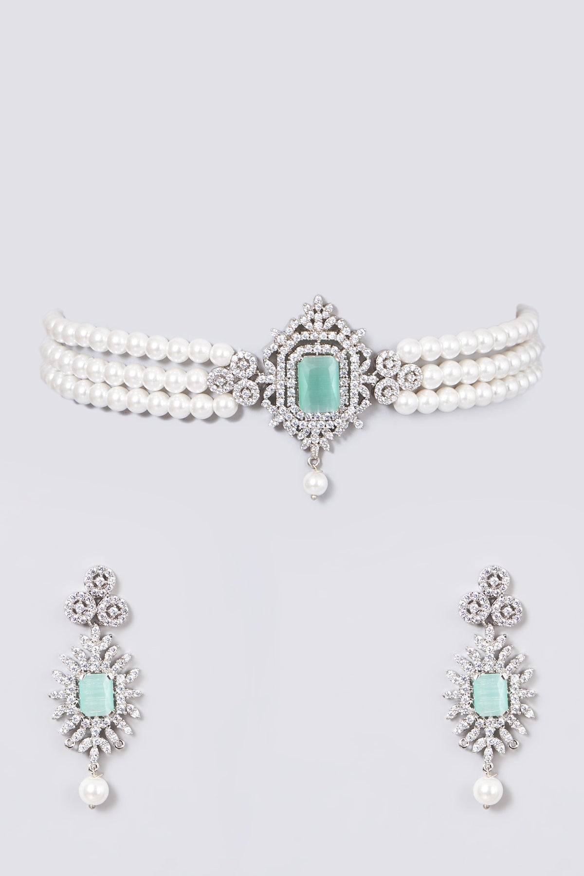 White Finish Crystal Choker Necklace Set