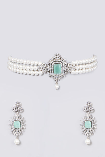 White Finish Crystal Choker Necklace Set