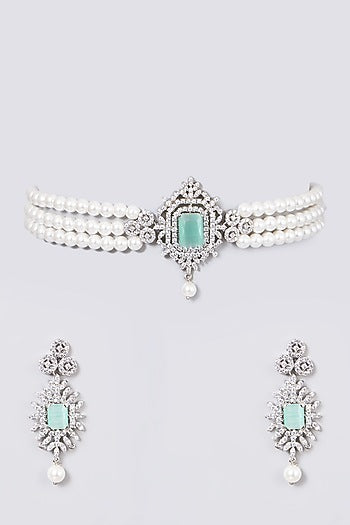 White Finish Crystal Choker Necklace Set